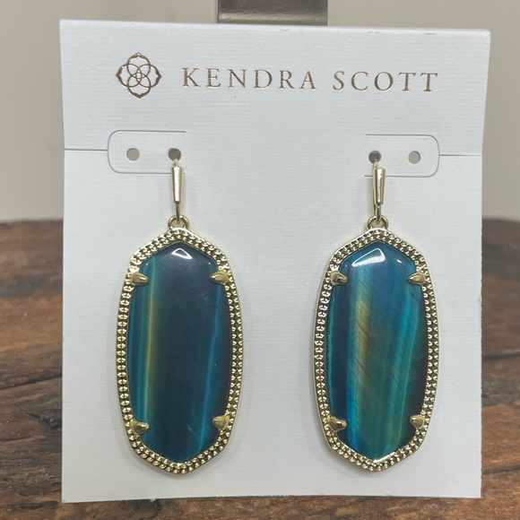 NWT Kendra Scott Elle Drop Earrings in Teal Tiger's Eye! - Picture 2 of 4